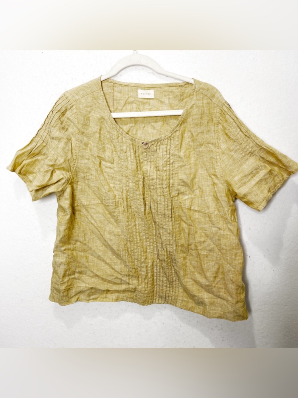 Poetry Blouse US 14 Women’s 100% Linen Pin Tuck Lagenlook Khaki Gold Summer Boxy